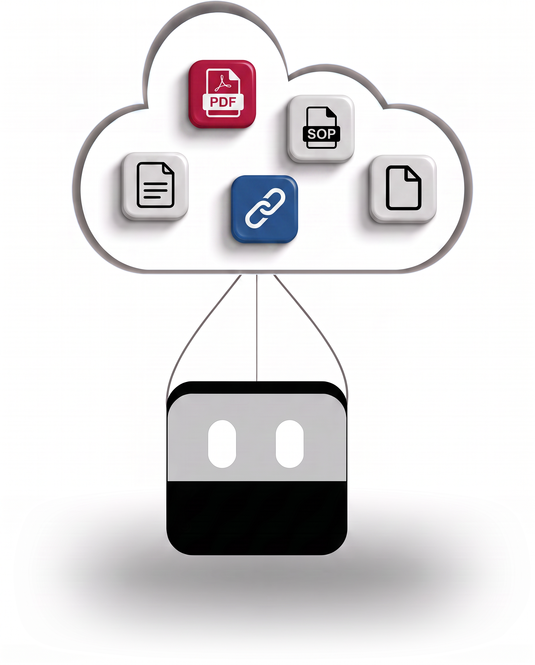 AI employee carrying PDF, SOP, URL, and document sources in a knowledge cloud
